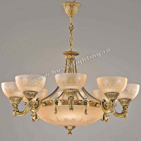 Lustre Clasice - Lustra Armoni cu 8 Brate, Desing Clasic, Finisaj Bronz Antic, Abajur Crem - Bussy Lighting 3040-52-08A