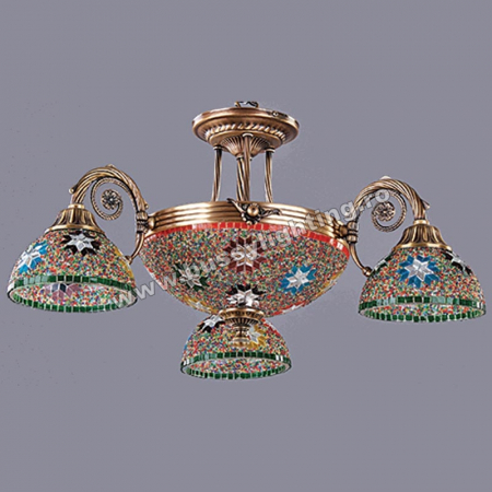 Lustre Clasice - Lustra Dakar cu 3 Brate, Desing Clasic, Finisaj Bronz Antichizat, Abajur Mozaic - Bussy Lighting 3087-52-03M