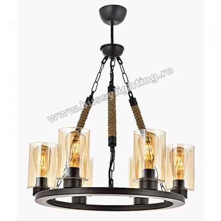 Lustre Rustice - Lustra Frame cu 6 Brate, Desing Rustic, Negru, Abajur Din Sticla - Bussy Lighting 0321-54-06C