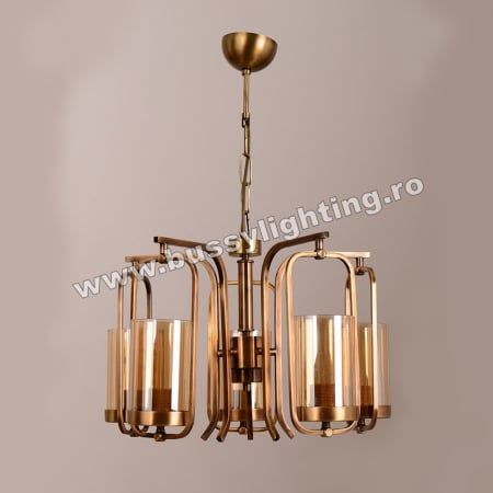 Lustre Neo Clasice - Lustra Kandil cu 5 Brate, Neo Clasic, Finisaj Bronz Antichizat, Abajur Amber - Bussy Lighting 7400-52-05