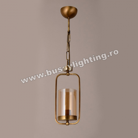 Lustre Neo Clasice - Lustra Kandil cu Diam 15 cm, Neo Clasic, Finisaj Bronz Antichizat, Abajur Amber - Bussy Lighting 7400-52-01