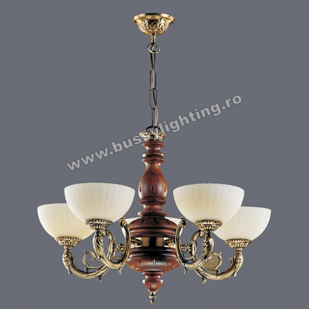 Lustre Clasice - Lustra Luna cu 5 Brate, Rustic, Bronz Antic, Lemn, Abajur Crem - Bussy Lighting 2011-62-05