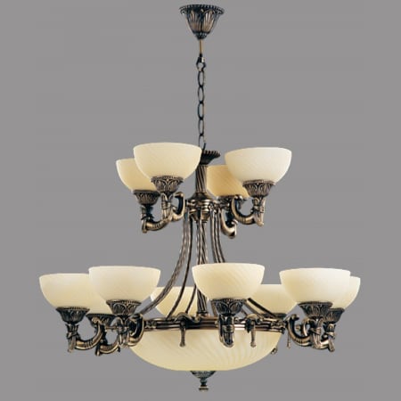 Lustre Clasice - Candelabru Omega cu 12 Brate, Desing Clasic, Finisaj Bronz Antic, Abajur Crem - Bussy Lighting 3035-52-12A