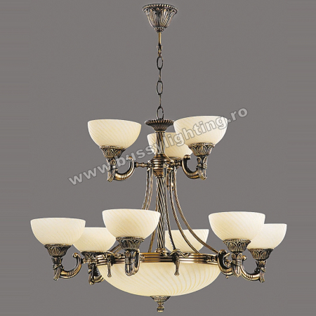 Lustre Clasice - Candelabru Omega cu 9 Brate, Desing Clasic, Finisaj Bronz Antic, Abajur Crem - Bussy Lighting 3035-52-09A