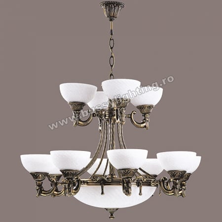 Lustre Clasice - Candelabru Omega cu 12 Brate, Desing Clasic, Finisaj Bronz Antic, Abajur Alb - Bussy Lighting 3035-52-12B