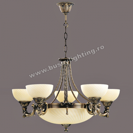 Lustre Clasice - Lustra Omega cu 5 Brate, Desing Clasic, Finisaj Bronz Antic, Abajur Crem - Bussy Lighting 3035-52-05A