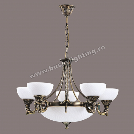 Lustre Clasice - Lustra Omega cu 5 Brate, Desing Clasic, Finisaj Bronz Antic, Abajur Alb - Bussy Lighting 3035-52-05B