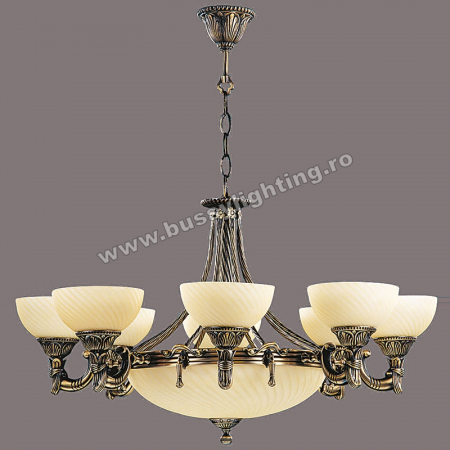 Lustre Clasice - Lustra Omega cu 8 Brate, Desing Clasic, Finisaj Bronz Antic, Abajur Crem - Bussy Lighting 3035-52-08A