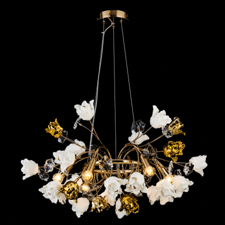 Lustre Moderne Premium - Lustra Rosalia cu Flori Ceramice, 6 Brate, Finisaj Gold - Bussy Lighting 7220-6PR