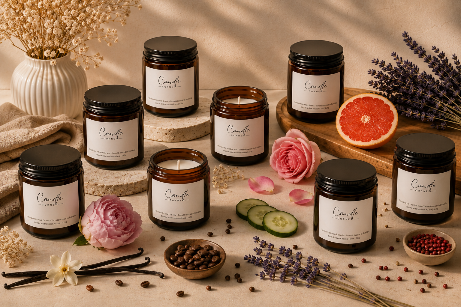 Colecție de lumânări parfumate Candle Corner din ceară naturală de soia, în recipiente din sticlă ambră cu etichetă minimalistă, alături de lavandă, vanilie, cafea, grapefruit și flori decorative pe fundal cald elegant
