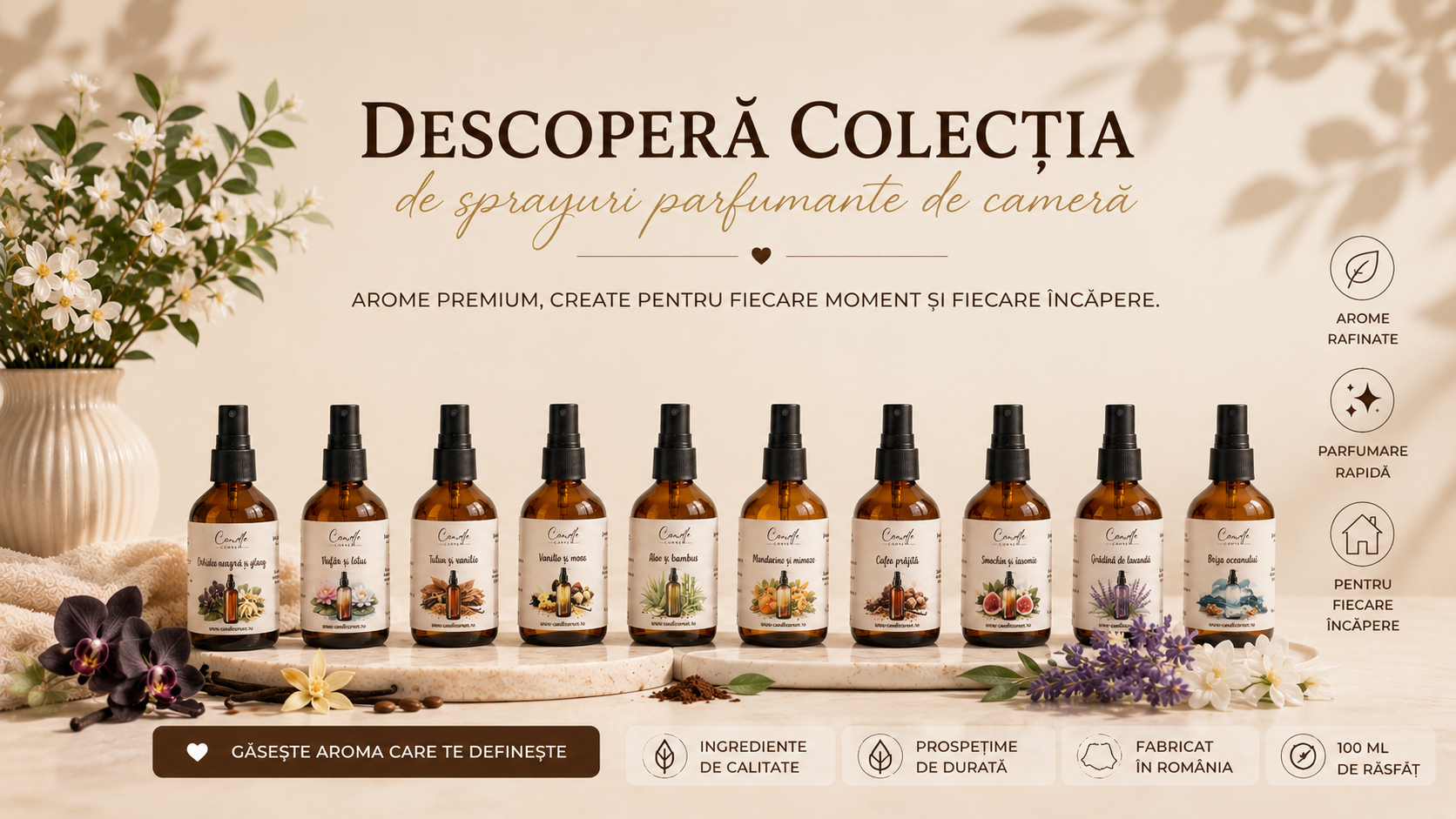Colecție Candle Corner de sprayuri parfumante de cameră în sticle ambra de 100 ml, cu arome florale, fructate, gurmande și fresh, prezentate pe un fundal elegant în nuanțe crem