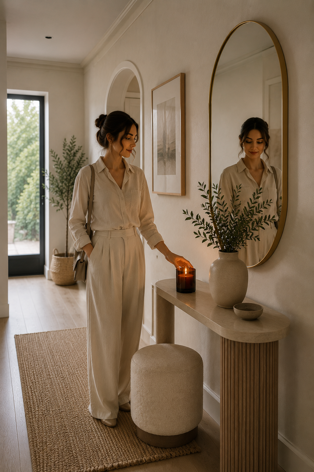 Hol modern și aerisit cu atmosferă relaxantă, consolă elegantă din lemn, oglindă decorativă și lumânare parfumată din ceară naturală de soia în borcan de sticlă ambră Candle Corner.