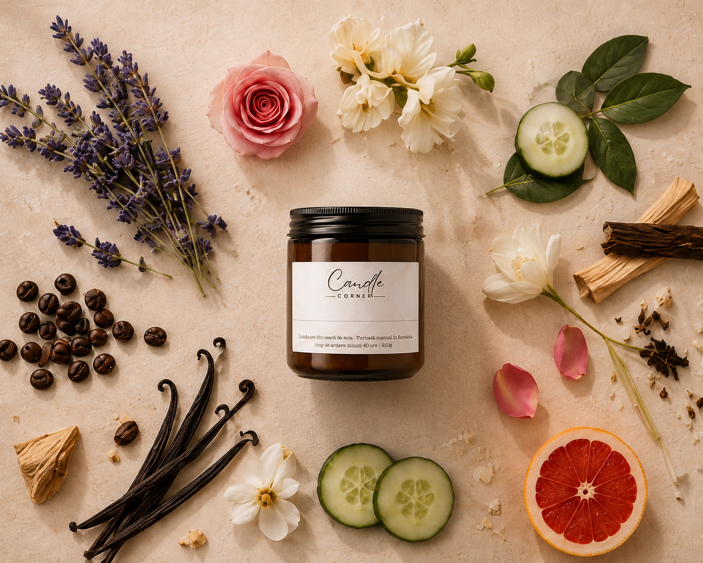 Lumânare parfumată Candle Corner în recipient din sticlă ambră fotografiată flat lay alături de lavandă, vanilie, cafea, castravete, grapefruit și flori delicate pe fundal crem minimalist