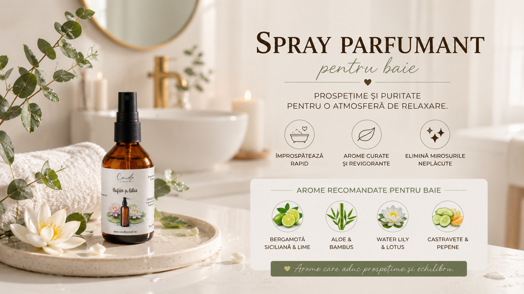Spray parfumant Candle Corner pentru baie, cu note de nufăr și lotus, într-un decor luminos și elegant