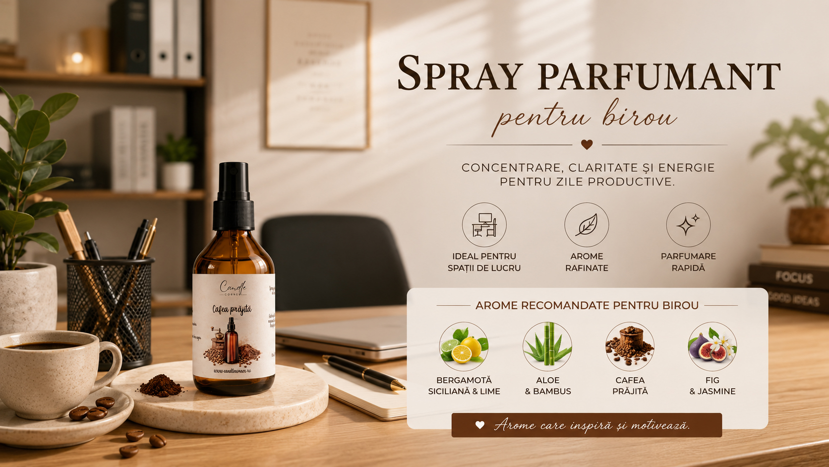 Spray parfumant Candle Corner pentru birou, cu aromă de cafea prăjită, într-un spațiu modern de lucru
