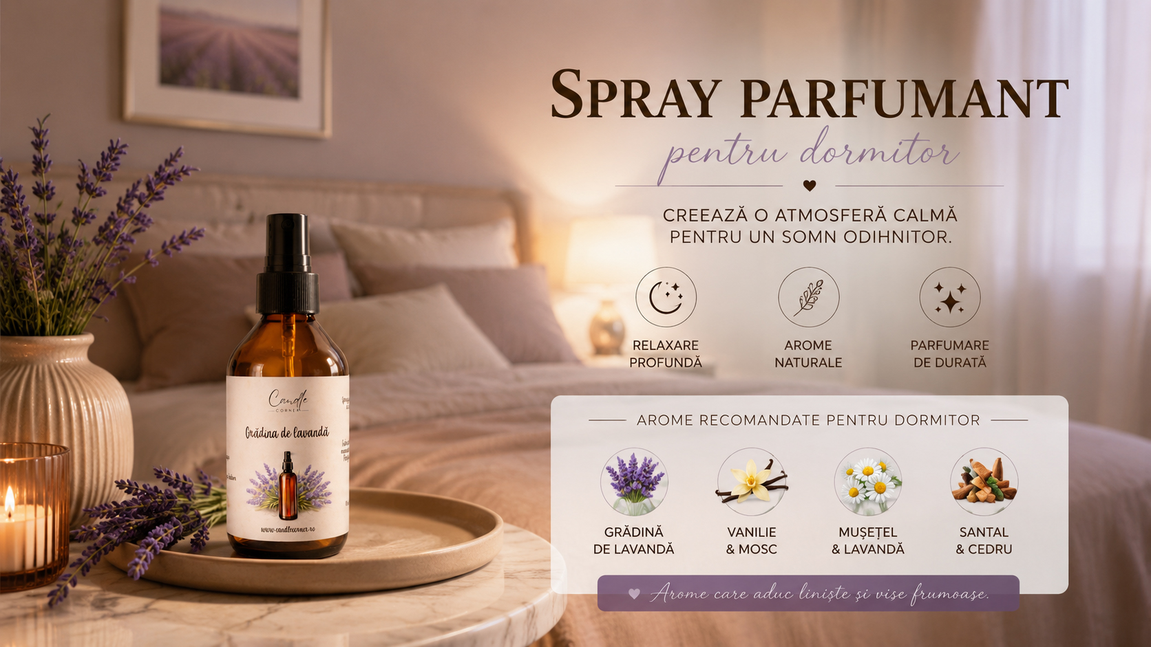 Spray parfumant Candle Corner pentru dormitor, cu aromă de lavandă, într-un decor cald și relaxant