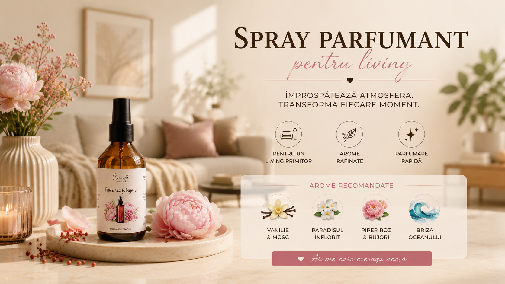 Spray parfumant Candle Corner pentru living, cu aromă de piper roz și bujori, într-un decor elegant și primitor