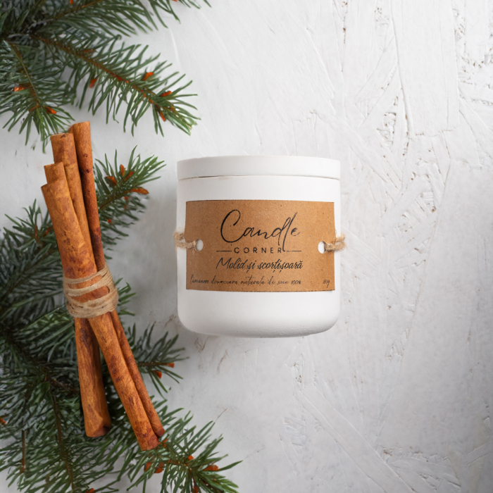 Lumanare handmade din ceara naturala de soia 100%, aroma Molid si scortisoara, Recipient ceramic alb, 150 g [1]