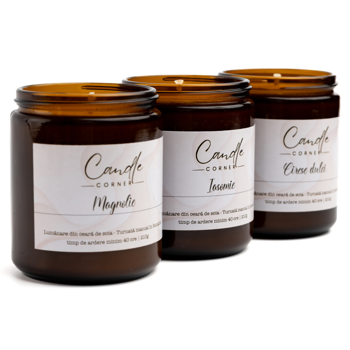 Set 3 lumânări parfumate 210 g personalizabile sticlă ambră – Candle Corner [5]