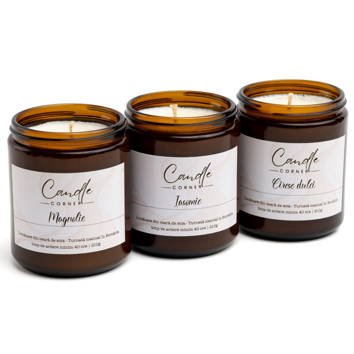 Set 3 lumânări parfumate 210 g personalizabile sticlă ambră – Candle Corner [2]