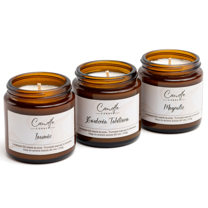 Set 3 lumânări parfumate personalizabile sticlă ambră 100 g – Candle Corner [2]