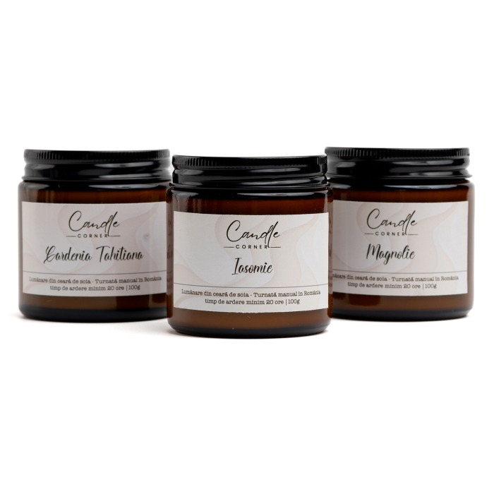 Set 3 lumânări parfumate personalizabile sticlă ambră 100 g – Candle Corner [3]