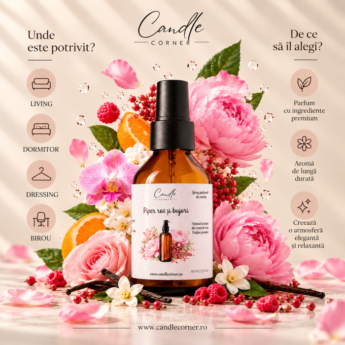 Spray parfumant de cameră Piper Roz și Bujori 100 ml – Sticlă ambră | Candle Corner [2]