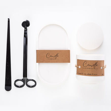 Lumanari parfumate fructe si citrice - Set lumanare parfumata Ciocolata calda, suport lumanare, accesoriu elegant pentru stins lumanarea si foarfeca de taiat fitil lumanare