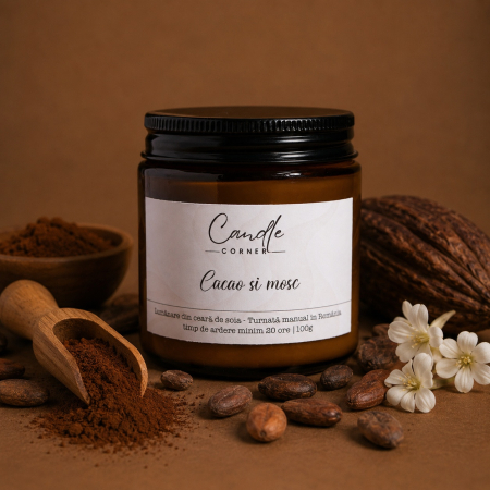 Lumânări parfumate 100g din ceară naturală de soia, în sticlă ambră - Lumânare parfumată Cacao și Mosc din soia în sticlă ambră – Candle Corner