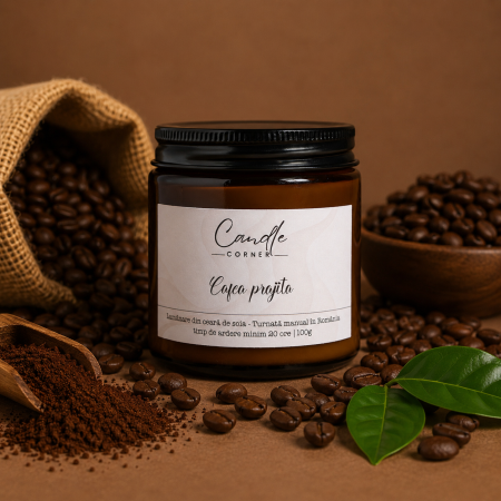 Lumânări parfumate 100g din ceară naturală de soia, în sticlă ambră - lumanare cafea prajita ceara soia