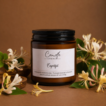 Lumânări parfumate 100g din ceară naturală de soia, în sticlă ambră - lumanare caprifoi ceara soia