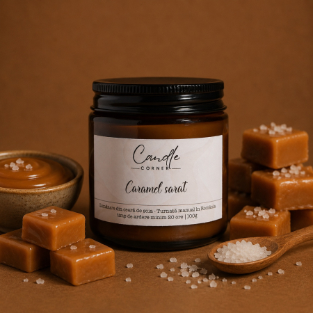 Dulci și balsamice - lumanare caramel sarat ceara soia sticla ambra