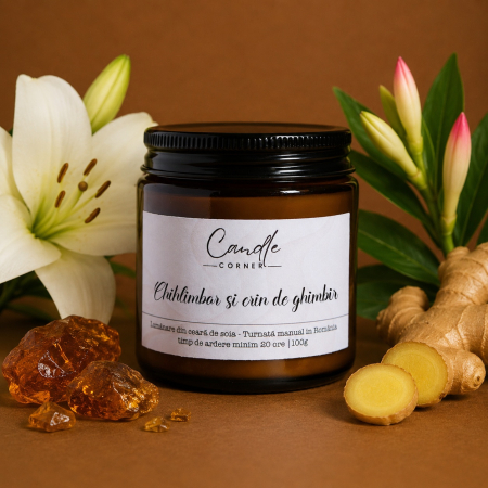Colecția de lumânări parfumate din ceară naturală de soia - Lumânare parfumată Chihlimbar și Crin de Ghimbir din soia – Candle Corner