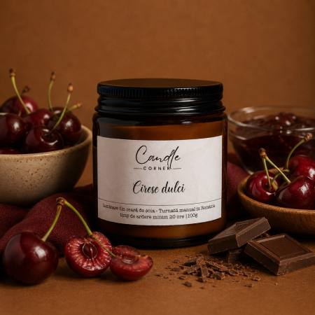 Lumanari parfumate 210g, din ceara naturala de soia în sticlă ambra - lumanare cirese dulci ceara soia