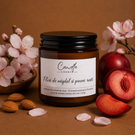 Lumânări parfumate 100g din ceară naturală de soia, în sticlă ambră - lumanare flori migdal prune rosii ceara soia sticla ambra