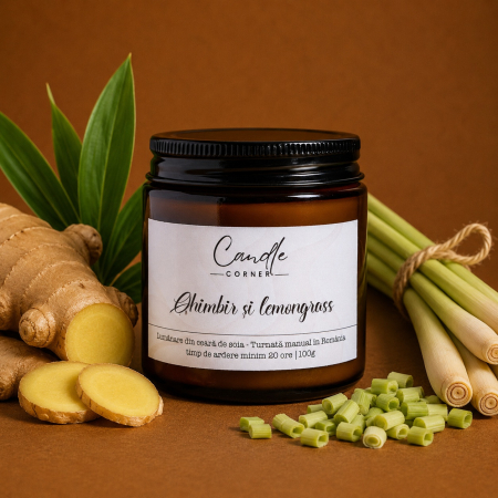 Ierboase și verzi - Lumânare parfumată Ghimbir și Lemongrass din soia în sticlă ambră – Candle Corner
