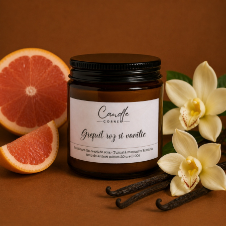 Aromă de vanilie - Lumânare parfumată Grapefruit Roz și Vanilie din soia în sticlă ambră – Candle Corner