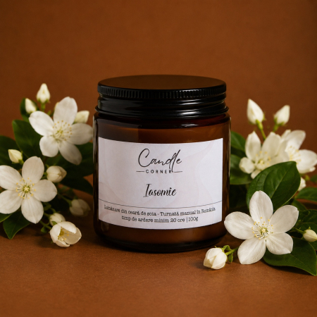 Lumânări parfumate 100g din ceară naturală de soia, în sticlă ambră - Lumânare parfumată Iasomie din soia în sticlă ambră – Candle Corner