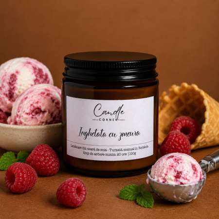 Lumânări parfumate 100g din ceară naturală de soia, în sticlă ambră - Lumânare parfumată Înghețată de Zmeură din soia în sticlă ambra – Candle Corner