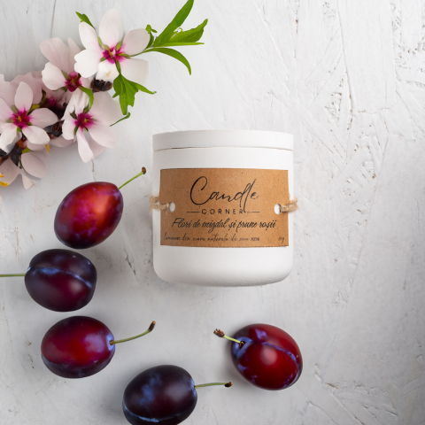 Colectia Primavara/Vara - Lumanare parfumata handmade din ceara naturala de soia 100%, aroma Flori de migdal si prune rosie, Recipient ceramic, 150 g