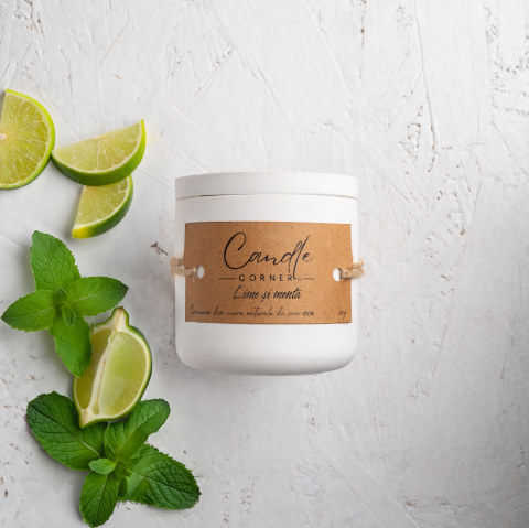 Lumanare handmade din ceara naturala de soia 100%, Lime si Menta, Recipient ceramic alb, 150 g [0]