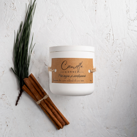 Toate produsele - Lumanare parfumata handmade din ceara naturala de soia 100%, aroma Pin negru si scortisoara, Recipient ceramic alb, 150 g