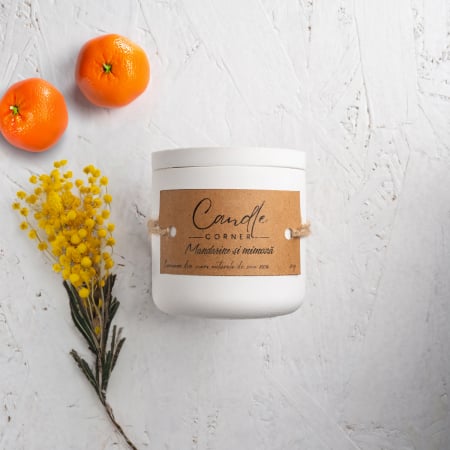Toate produsele - Lumanare parfumata handmade din ceara naturala de soia 100%, aroma de Mandarine si Mimoza, Recipient ceramic alb, 150 g