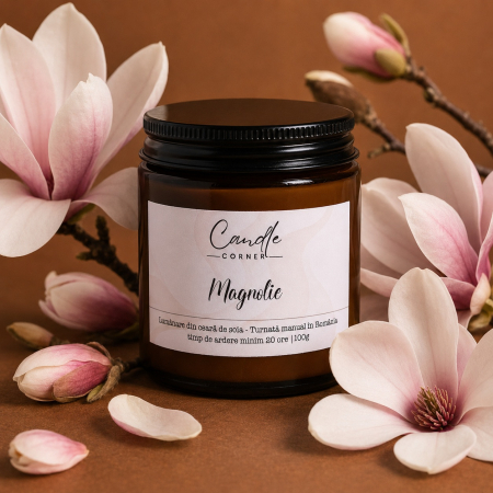 Lumânări parfumate 100g din ceară naturală de soia, în sticlă ambră - lumanare magnolie ceara soia sticla ambra