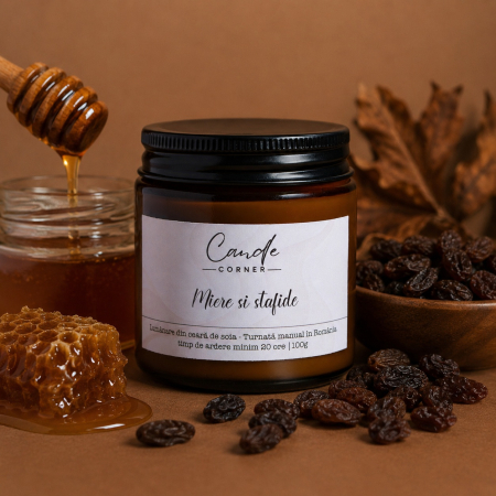 Lumânări parfumate 100g din ceară naturală de soia, în sticlă ambră - lumanare miere stafide ceara soia sticla ambra