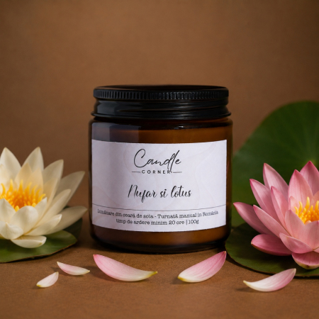 Lumânări parfumate 100g din ceară naturală de soia, în sticlă ambră - lumanare nufar lotus ceara soia