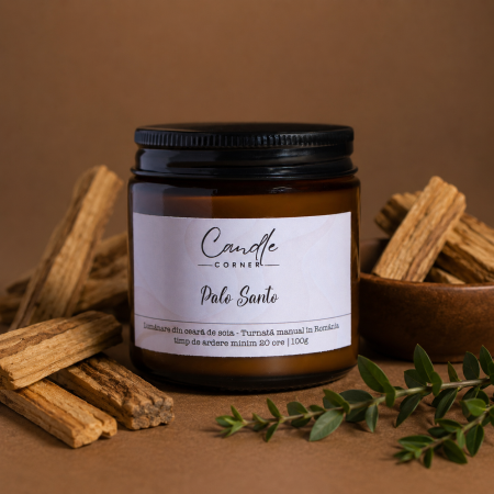 Lumânări parfumate 100g din ceară naturală de soia, în sticlă ambră - lumanare palo santo ceara soia sticla ambra