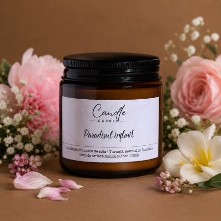 Lumânări parfumate 100g din ceară naturală de soia, în sticlă ambră - lumanare paradis inflorit ceara soia sticla ambra