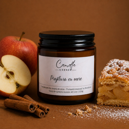 Dulci și balsamice - lumanare prajitura cu mere ceara soia sticla ambra