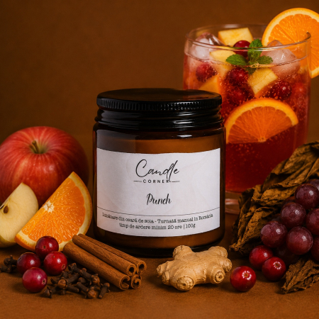 Lumânări parfumate 100g din ceară naturală de soia, în sticlă ambră - lumanare punch fructat ceara soia sticla ambra